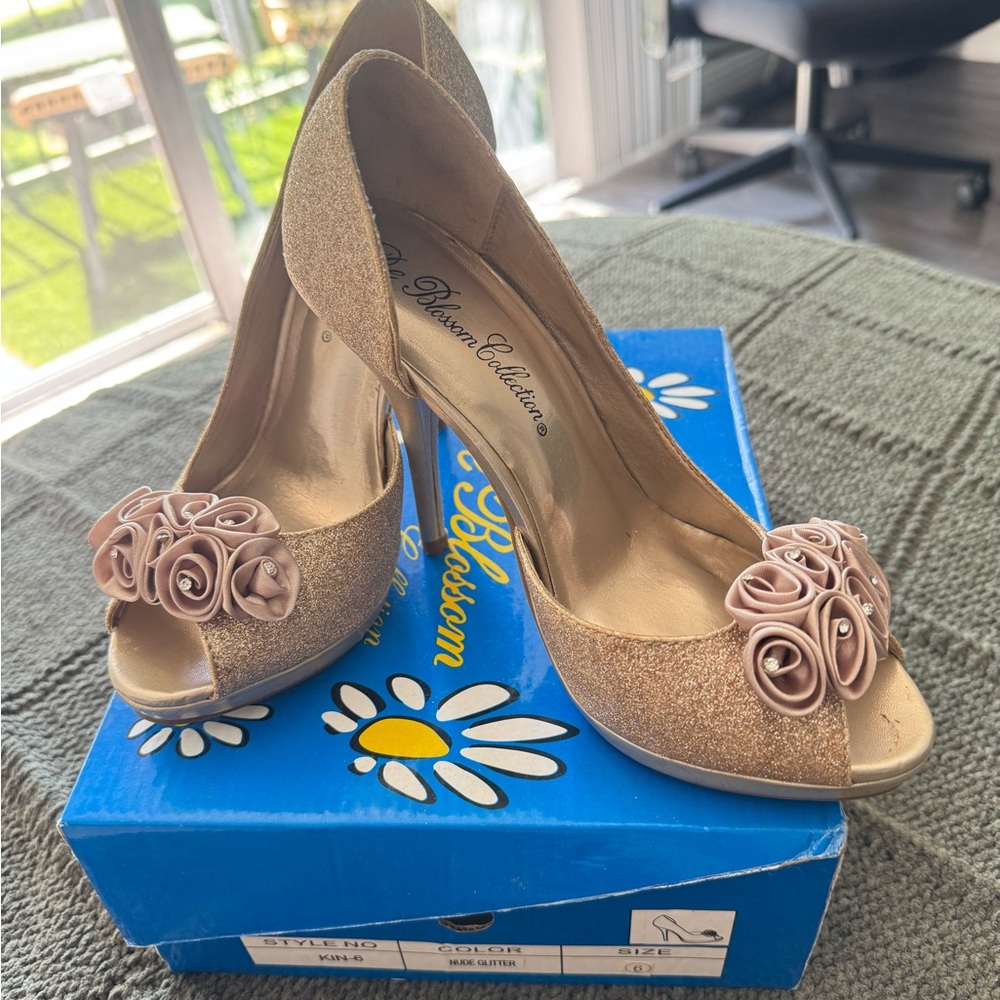 De Blossom Collection Glittering Gold Heels with Floral Accents